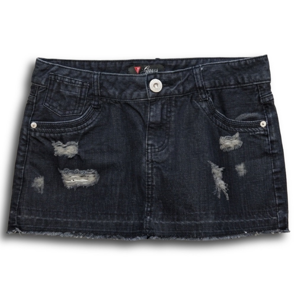 Guess Dark Wash Distressed Denim Mini Skirt Raw Hem Low Rise Y2K Style
